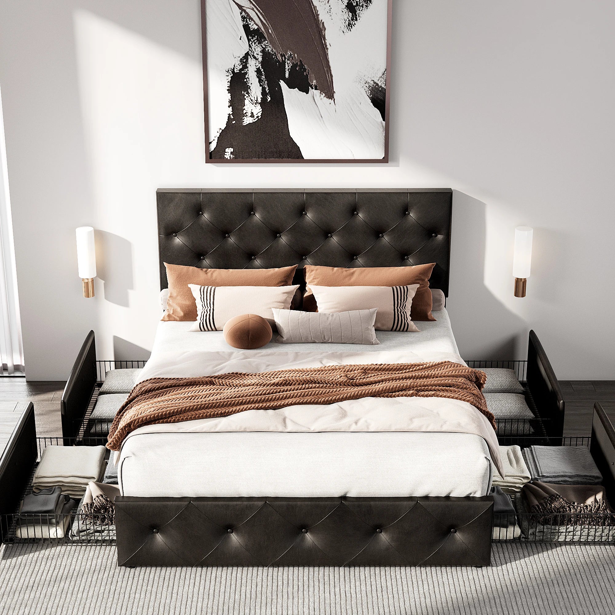 HOOMIC Platform Storage Bed Frame with 4 Drawers & Adjustable Headboard, Diamond Stitched Button Tufted Allewie HOOMIC Platform Storage Bed Frame with 4 Drawers & Adjustable Headboard, Diamond Stitched Button Tufted Allewie