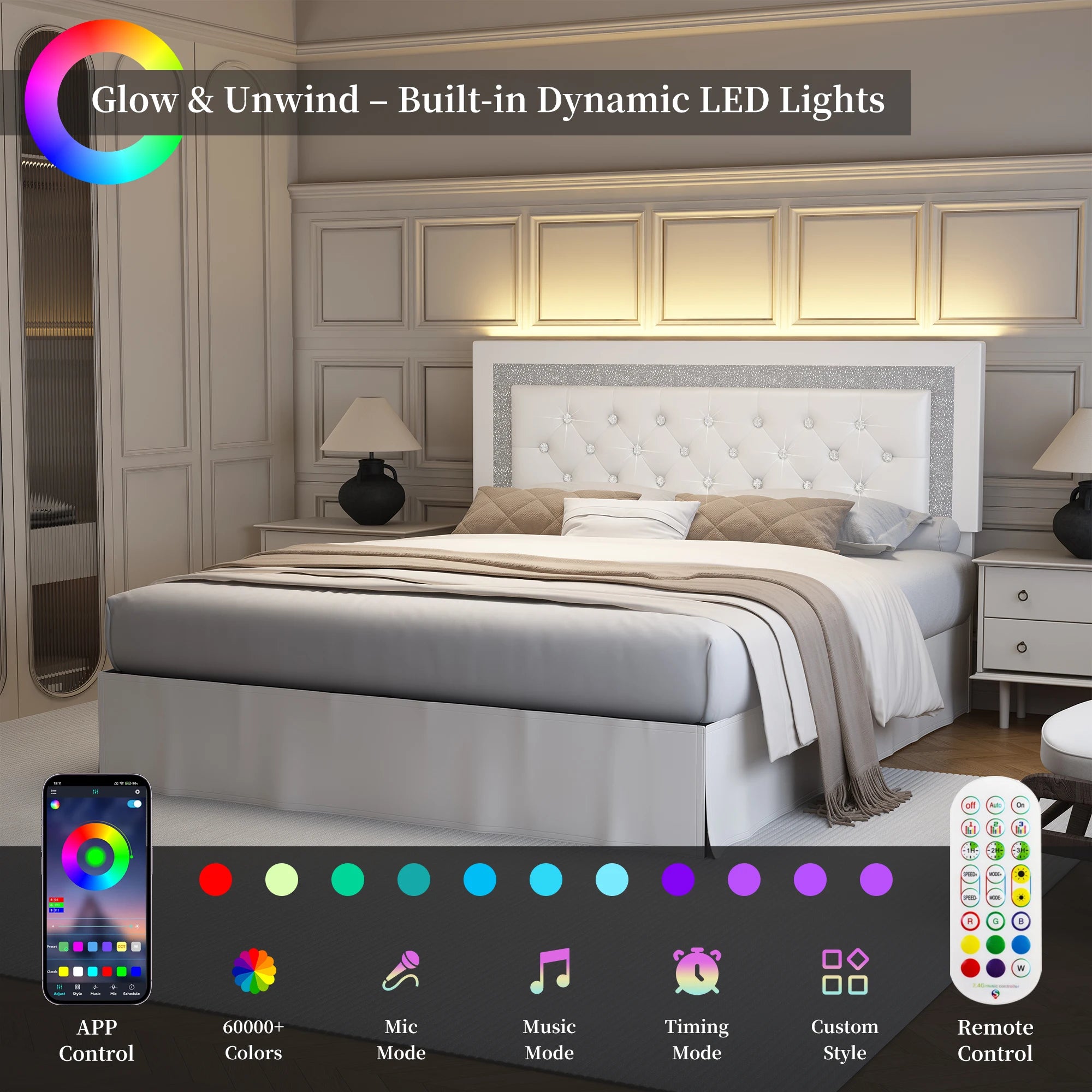 SIBEDS Queen Bed Frame with LED Lights, Adjustable Headboard, Tufted Linen Upholstery, Skirt, Wood Slats, Easy SIBEDS Queen Bed Frame with LED Lights, Adjustable Headboard, Tufted Linen Upholstery, Skirt, Wood Slats, Easy