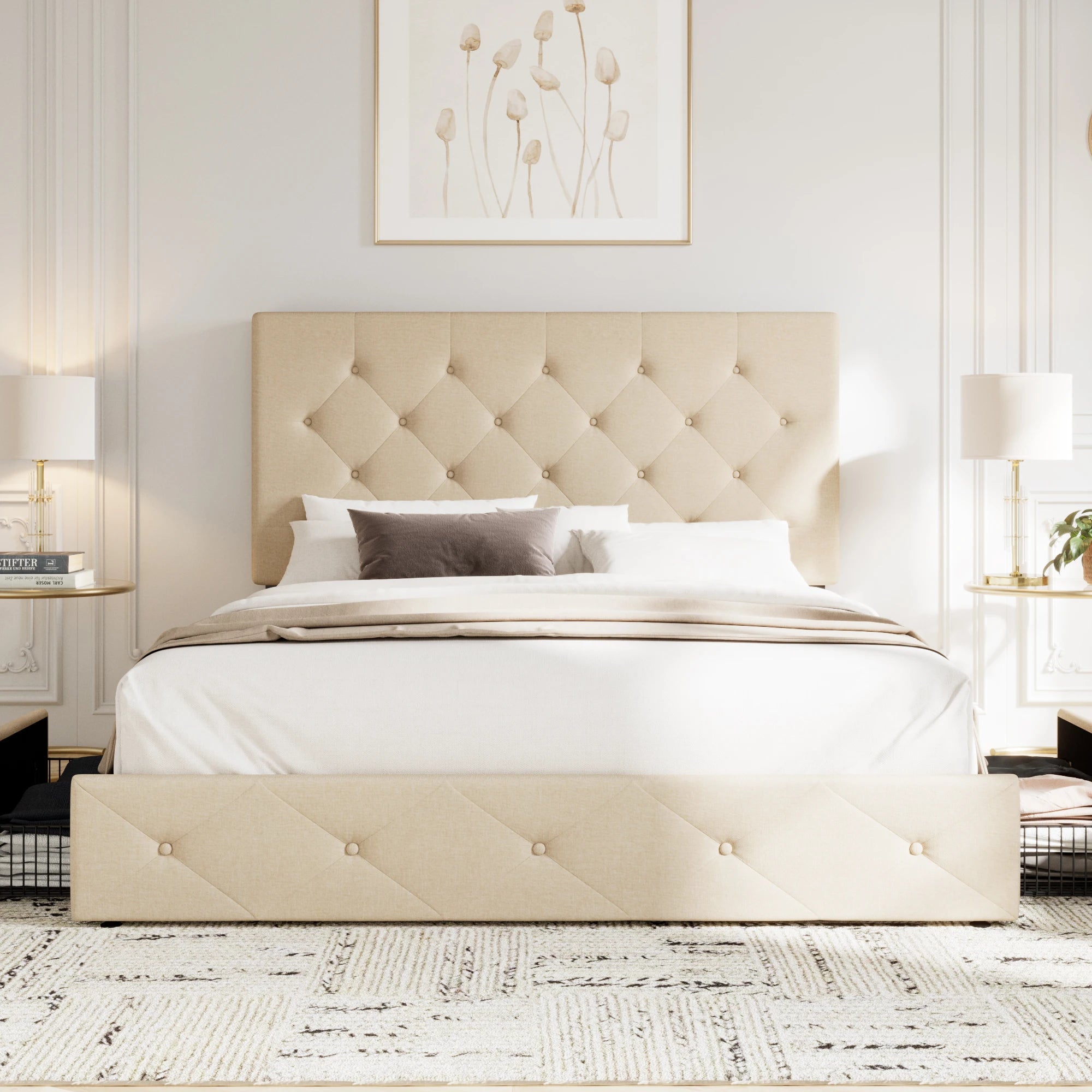 HOOMIC Platform Storage Bed Frame with 4 Drawers & Adjustable Headboard, Diamond Stitched Button Tufted Allewie HOOMIC Platform Storage Bed Frame with 4 Drawers & Adjustable Headboard, Diamond Stitched Button Tufted Allewie