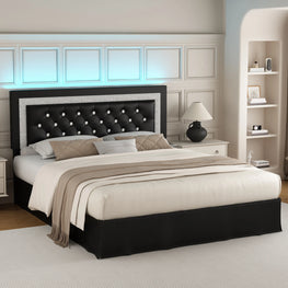 SIBEDS Queen Bed Frame with LED Lights, Adjustable Headboard, Tufted Linen Upholstery, Skirt, Wood Slats, Easy