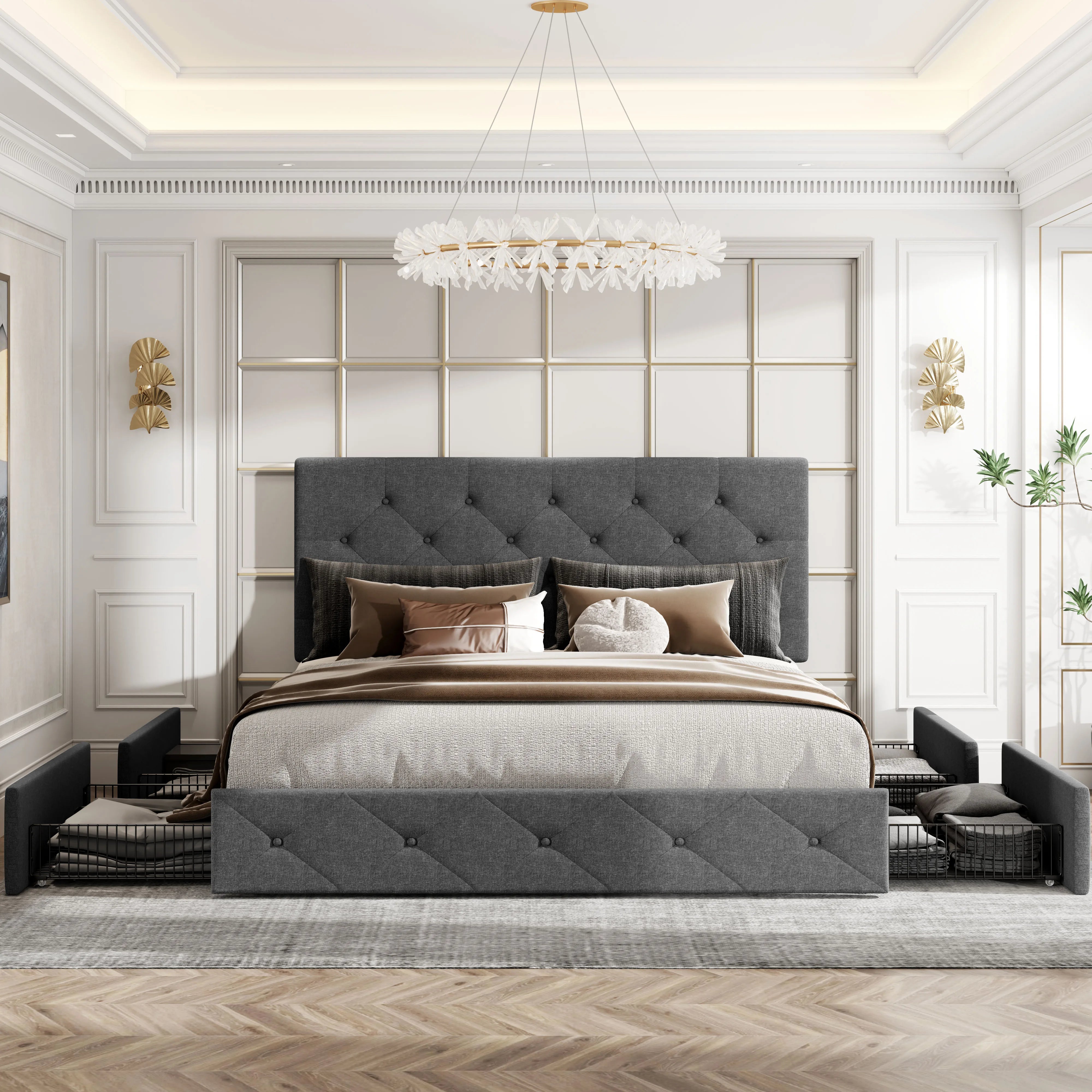 HOOMIC Platform Storage Bed Frame with 4 Drawers & Adjustable Headboard, Diamond Stitched Button Tufted Allewie HOOMIC Platform Storage Bed Frame with 4 Drawers & Adjustable Headboard, Diamond Stitched Button Tufted Allewie