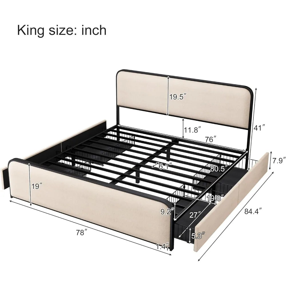 King Size Linen Curved Upholstered Headboard Footboard Bed, Metal Platform Bed Frame with 4 Storage Drawers King Size Linen Curved Upholstered Headboard Footboard Bed, Metal Platform Bed Frame with 4 Storage Drawers