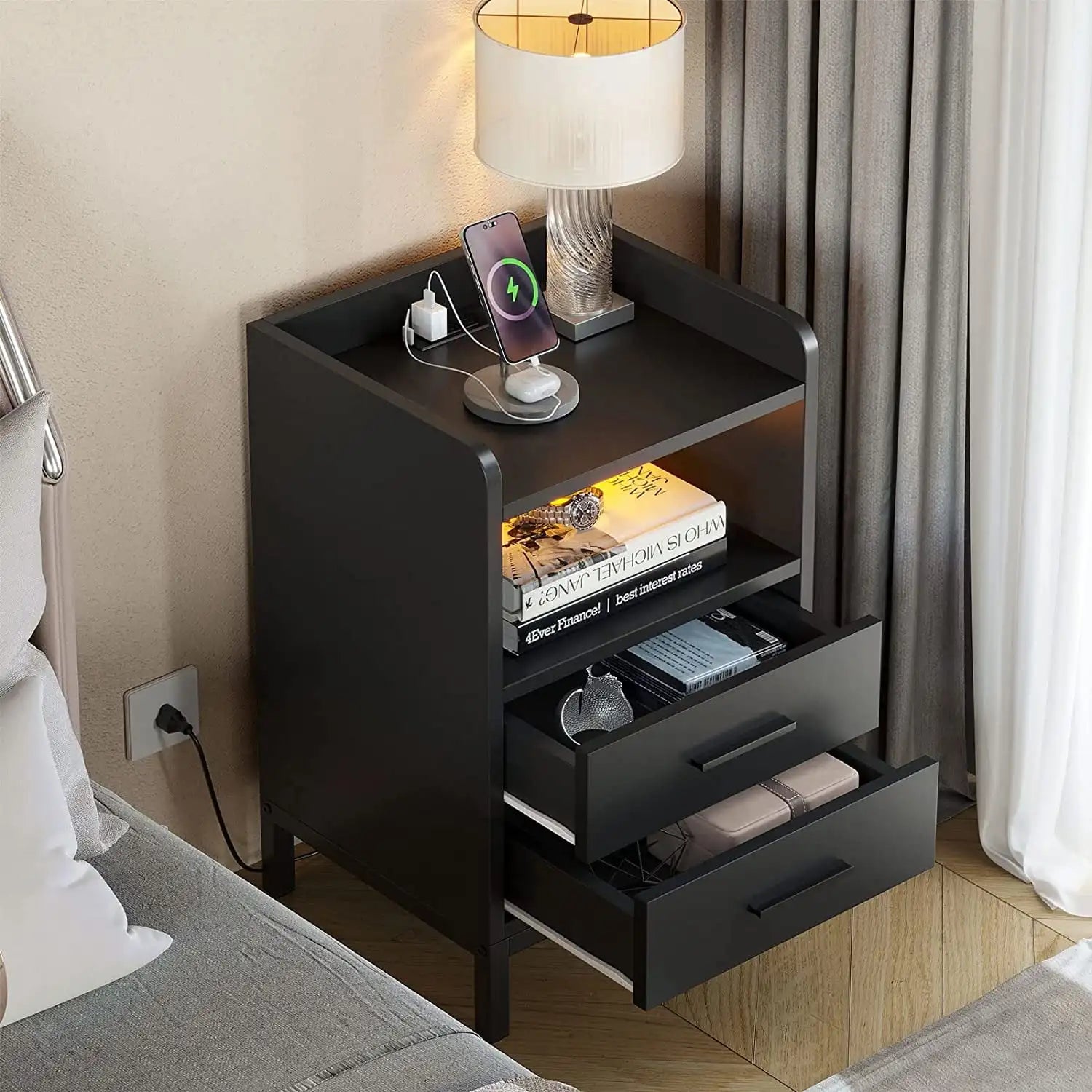 Side Table with Charging Station, 3-Drawer LED Light Bedside Living Room Small Space, Black Side Table with Charging Station, 3-Drawer LED Light Bedside Living Room Small Space, Black