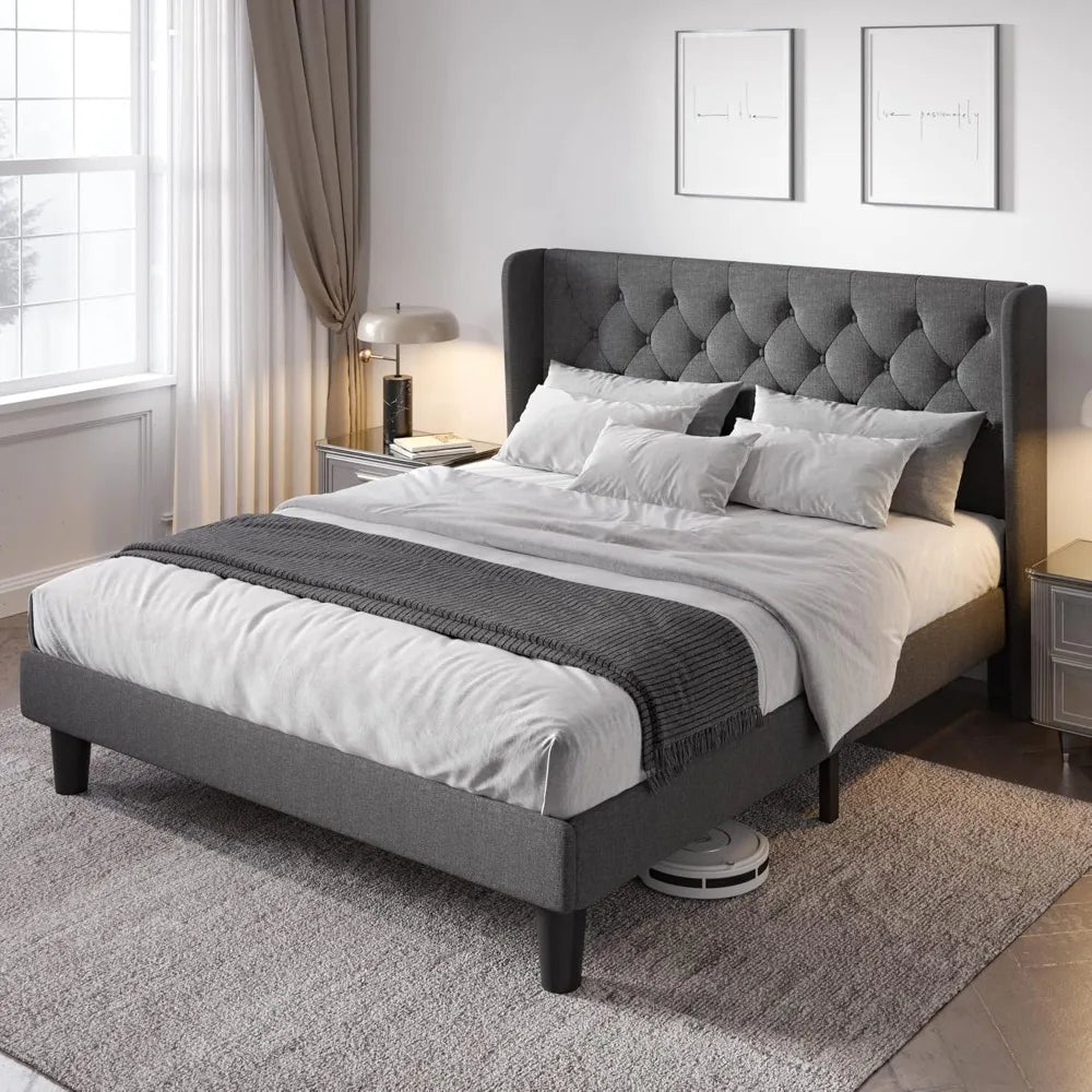 Queen Size Bed Frame with Button Tufted Wingback Headboard, Upholstered Platform Bed with Wooden Slats Support Queen Size Bed Frame with Button Tufted Wingback Headboard, Upholstered Platform Bed with Wooden Slats Support