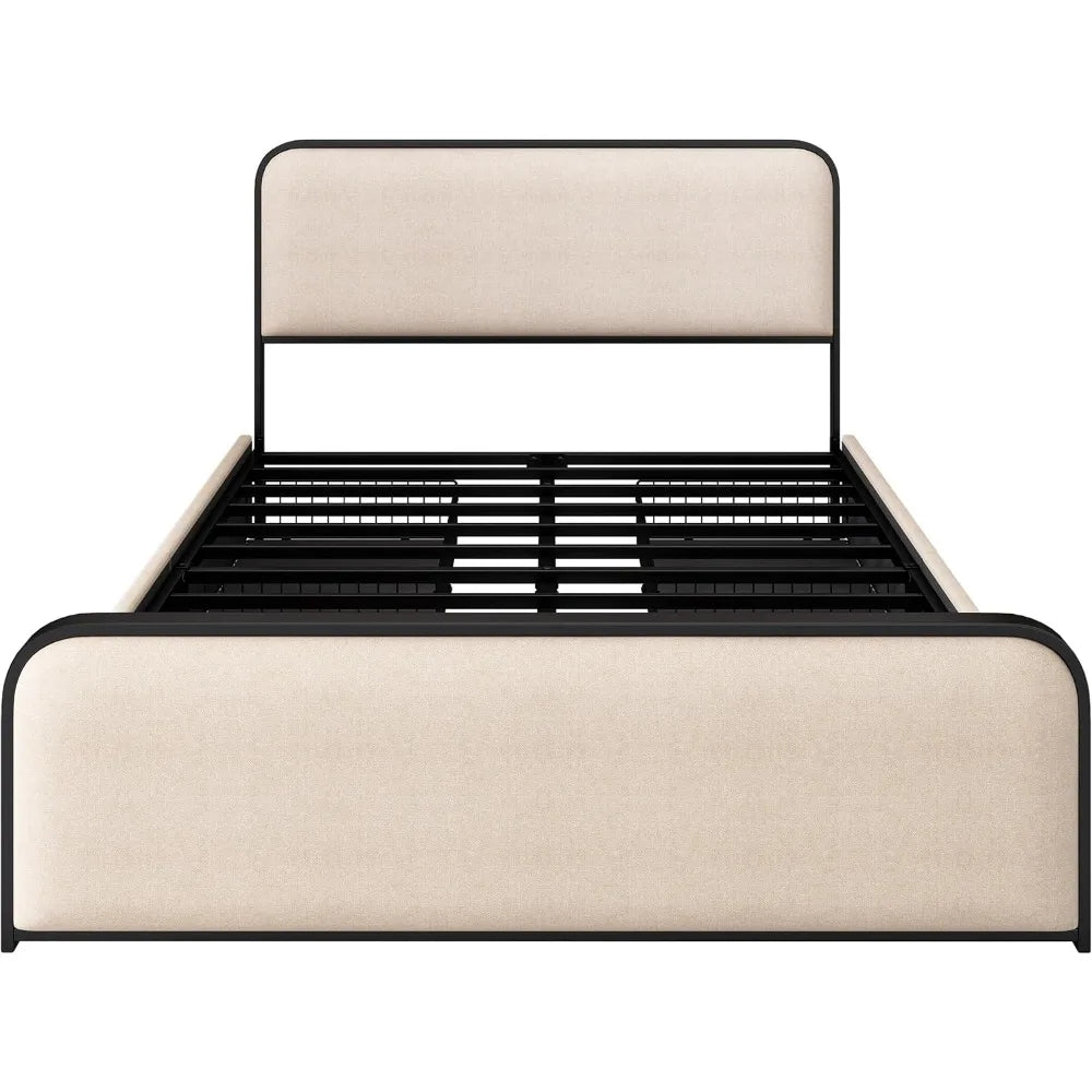King Size Linen Curved Upholstered Headboard Footboard Bed, Metal Platform Bed Frame with 4 Storage Drawers King Size Linen Curved Upholstered Headboard Footboard Bed, Metal Platform Bed Frame with 4 Storage Drawers