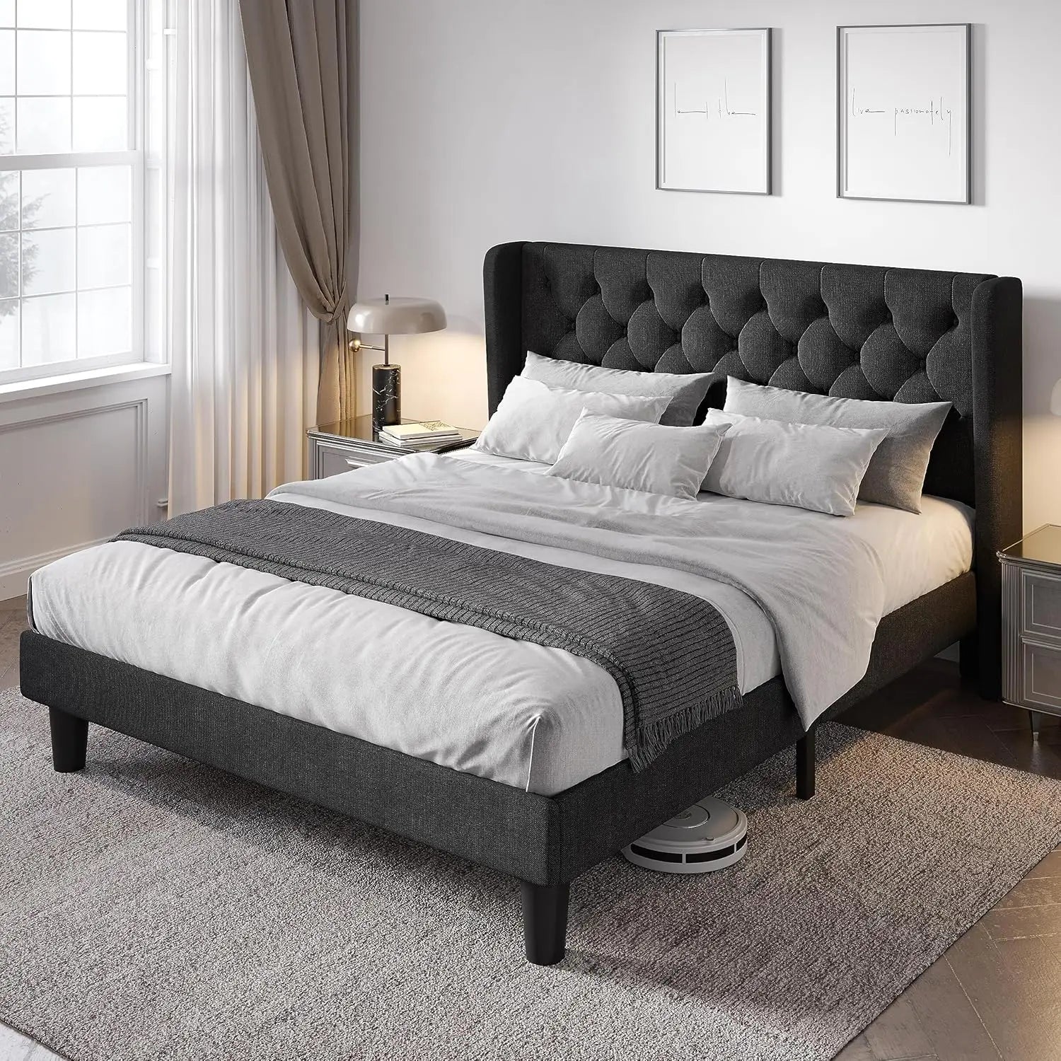 Queen Size Bed Frame with Button Tufted Wingback Headboard, Upholstered Platform Bed with Wooden Slats Support Queen Size Bed Frame with Button Tufted Wingback Headboard, Upholstered Platform Bed with Wooden Slats Support