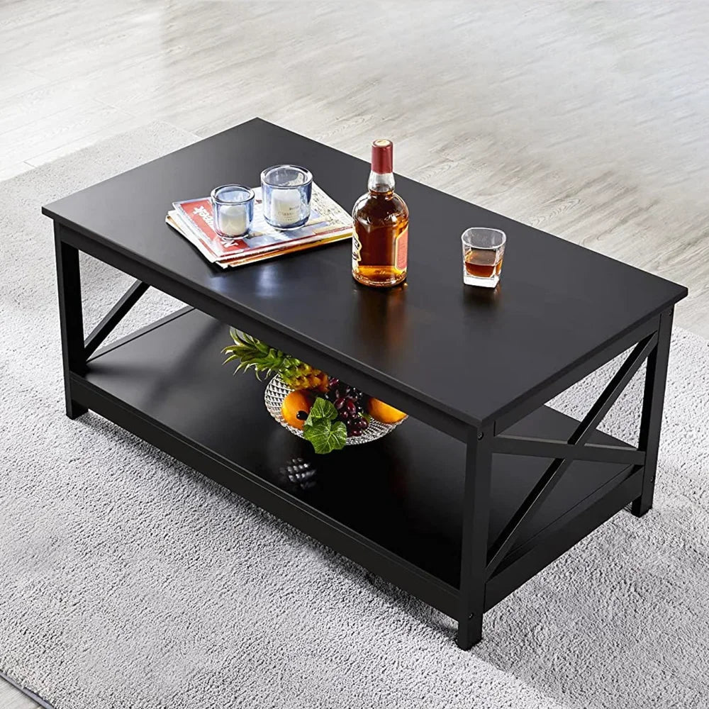 Coffee Table Living Room Furniture Table with Storage Shelf, Black 40870519734377