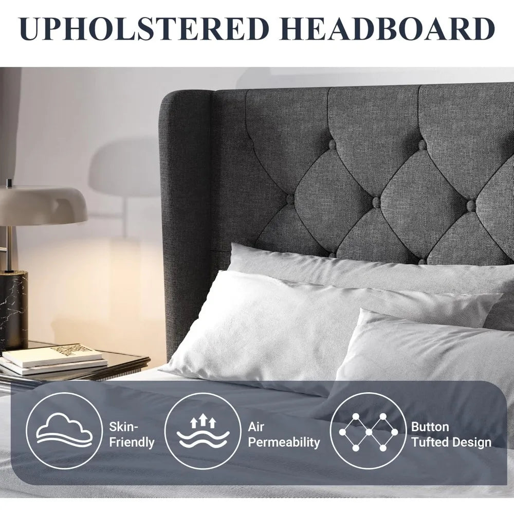 Queen Size Bed Frame with Button Tufted Wingback Headboard, Upholstered Platform Bed with Wooden Slats Support Queen Size Bed Frame with Button Tufted Wingback Headboard, Upholstered Platform Bed with Wooden Slats Support