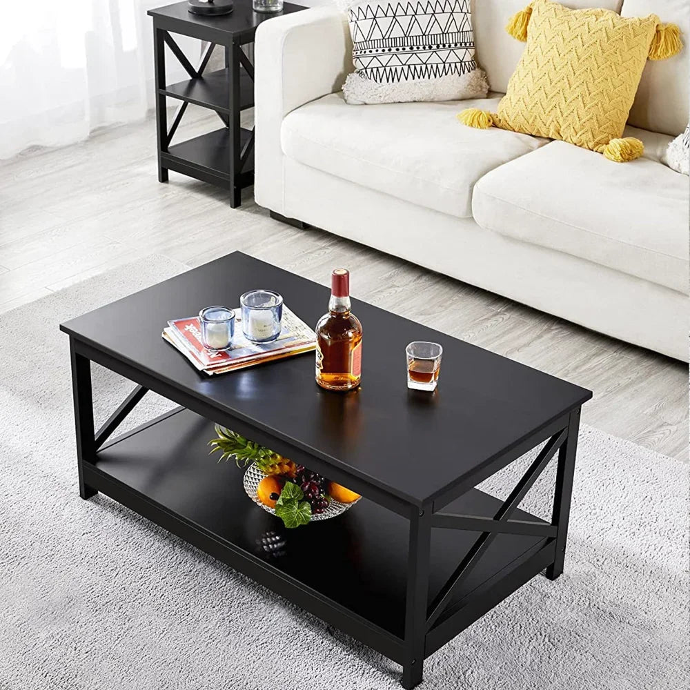 Coffee Table Living Room Furniture Table with Storage Shelf, Black Coffee Table Living Room Furniture Table with Storage Shelf, Black