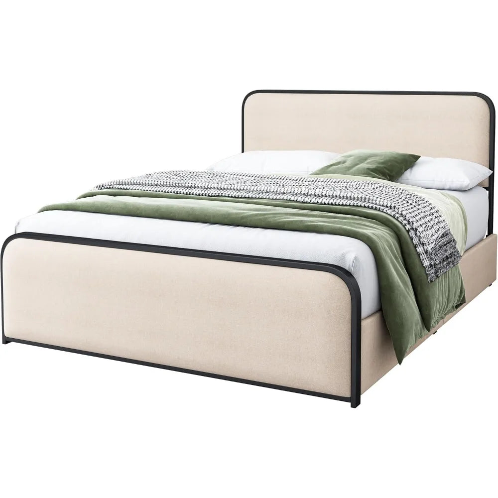 King Size Linen Curved Upholstered Headboard Footboard Bed, Metal Platform Bed Frame with 4 Storage Drawers King Size Linen Curved Upholstered Headboard Footboard Bed, Metal Platform Bed Frame with 4 Storage Drawers