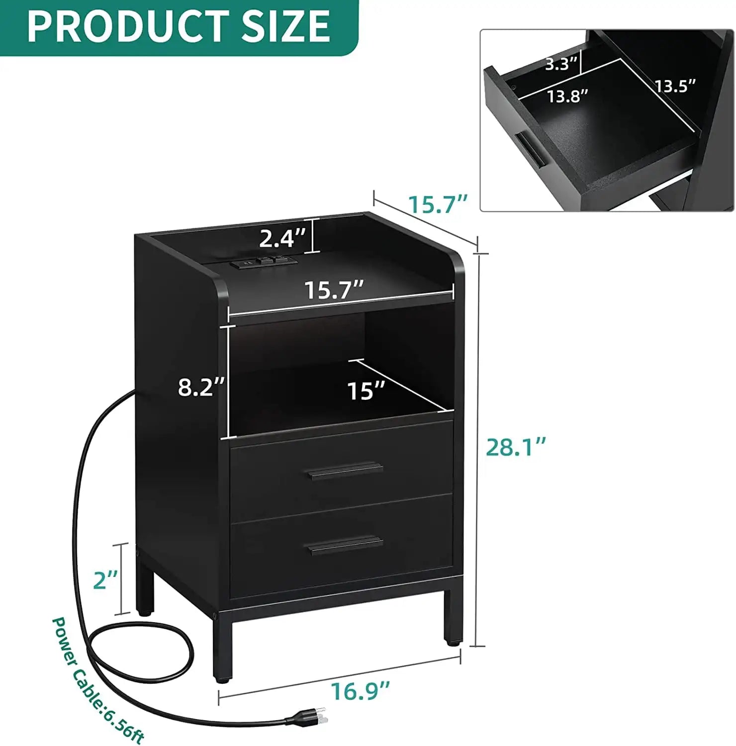 Side Table with Charging Station, 3-Drawer LED Light Bedside Living Room Small Space, Black Side Table with Charging Station, 3-Drawer LED Light Bedside Living Room Small Space, Black