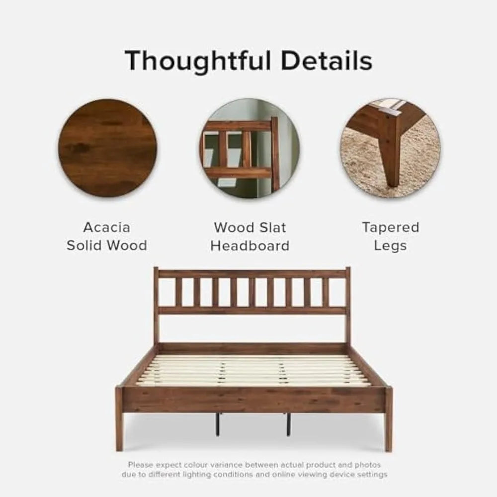 Ted Bed Frame with Headboard, Mid Century Modern Acacia Solid Wood Platform Bed Frame, Wooden Slats, No Box Spring Ted Bed Frame with Headboard, Mid Century Modern Acacia Solid Wood Platform Bed Frame, Wooden Slats, No Box Spring