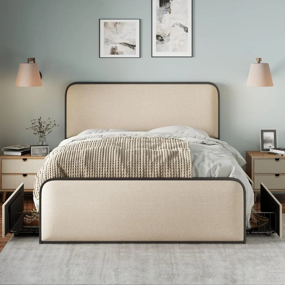King Size Linen Curved Upholstered Headboard Footboard Bed, Metal Platform Bed Frame with 4 Storage Drawers King Size Linen Curved Upholstered Headboard Footboard Bed, Metal Platform Bed Frame with 4 Storage Drawers