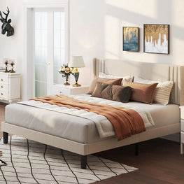 Gizoon Queen Bed Frame with Wingback Headboard, Upholstered Platform Bed, Wooden Slats, Noise-Free, No Box Spring Needed