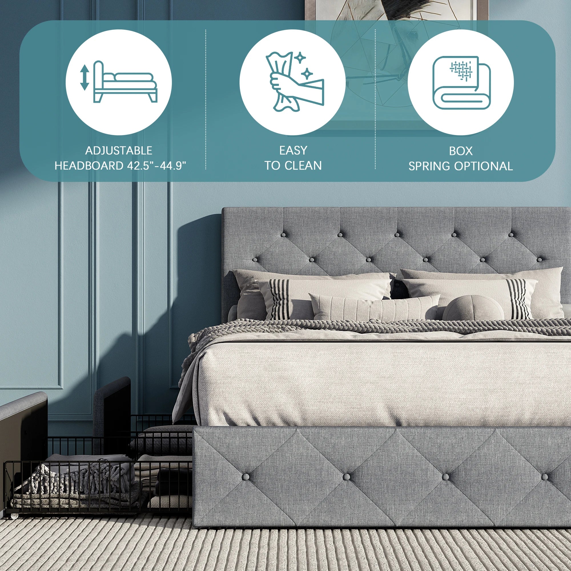 HOOMIC Platform Storage Bed Frame with 4 Drawers & Adjustable Headboard, Diamond Stitched Button Tufted Allewie HOOMIC Platform Storage Bed Frame with 4 Drawers & Adjustable Headboard, Diamond Stitched Button Tufted Allewie