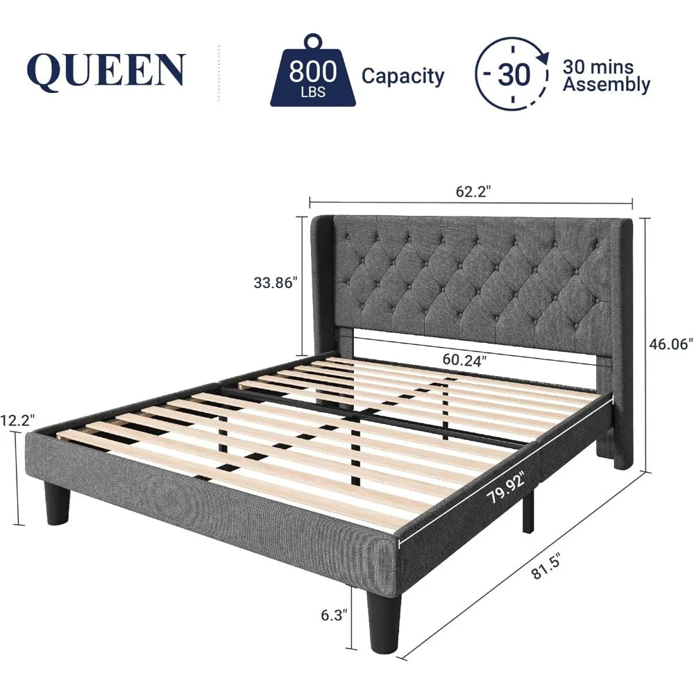 Queen Size Bed Frame with Button Tufted Wingback Headboard, Upholstered Platform Bed with Wooden Slats Support Queen Size Bed Frame with Button Tufted Wingback Headboard, Upholstered Platform Bed with Wooden Slats Support