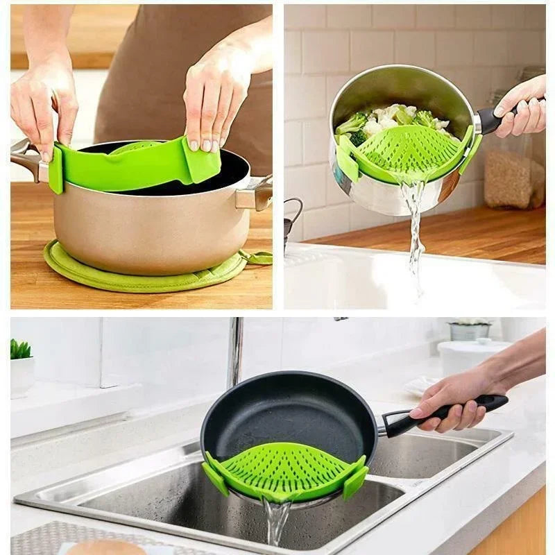 Clip On Strainer Silicone for All Pots and Pans Meat Vegetables Fruit Silicone Kitchen Colander Clip On Strainer Silicone for All Pots and Pans Meat Vegetables Fruit Silicone Kitchen Colander
