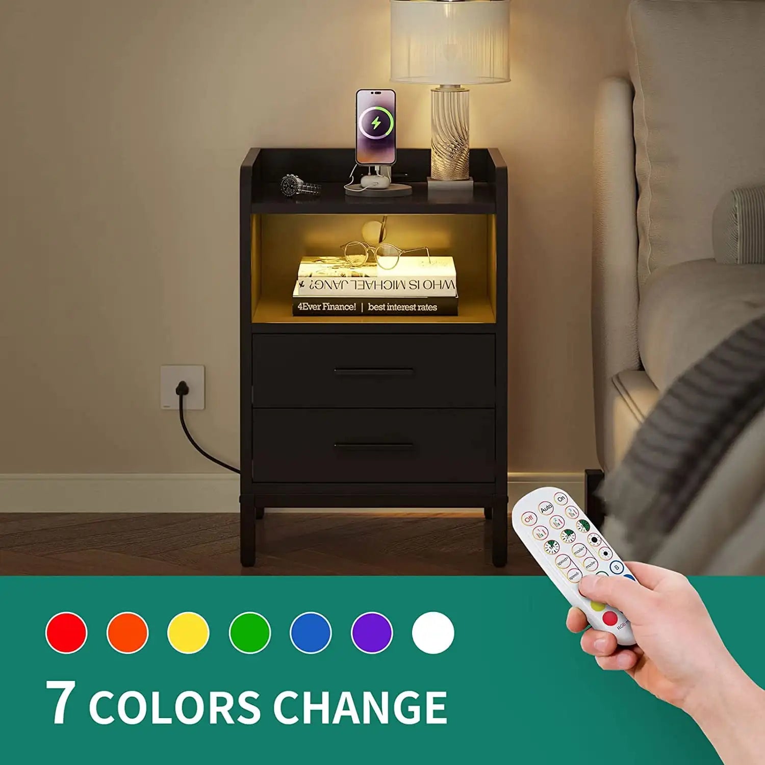 Side Table with Charging Station, 3-Drawer LED Light Bedside Living Room Small Space, Black Side Table with Charging Station, 3-Drawer LED Light Bedside Living Room Small Space, Black