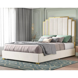 Queen Size Bed Frame and 61" Headboard, Upholstered Bed with Golden Plating Trim, Modern Platform Bed No Box Spring