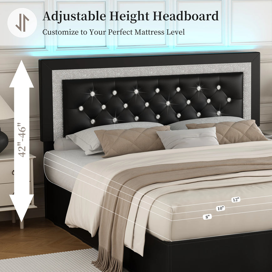 SIBEDS Queen Bed Frame with LED Lights, Adjustable Headboard, Tufted Linen Upholstery, Skirt, Wood Slats, Easy