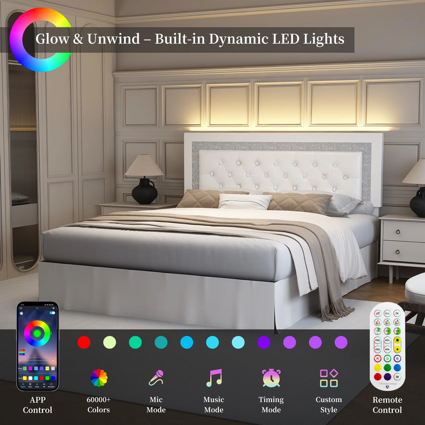 SIBEDS Queen Bed Frame with LED Lights, Adjustable Headboard, Tufted Linen Upholstery, Skirt, Wood Slats, Easy