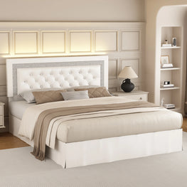 SIBEDS Queen Bed Frame with LED Lights, Adjustable Headboard, Tufted Linen Upholstery, Skirt, Wood Slats, Easy