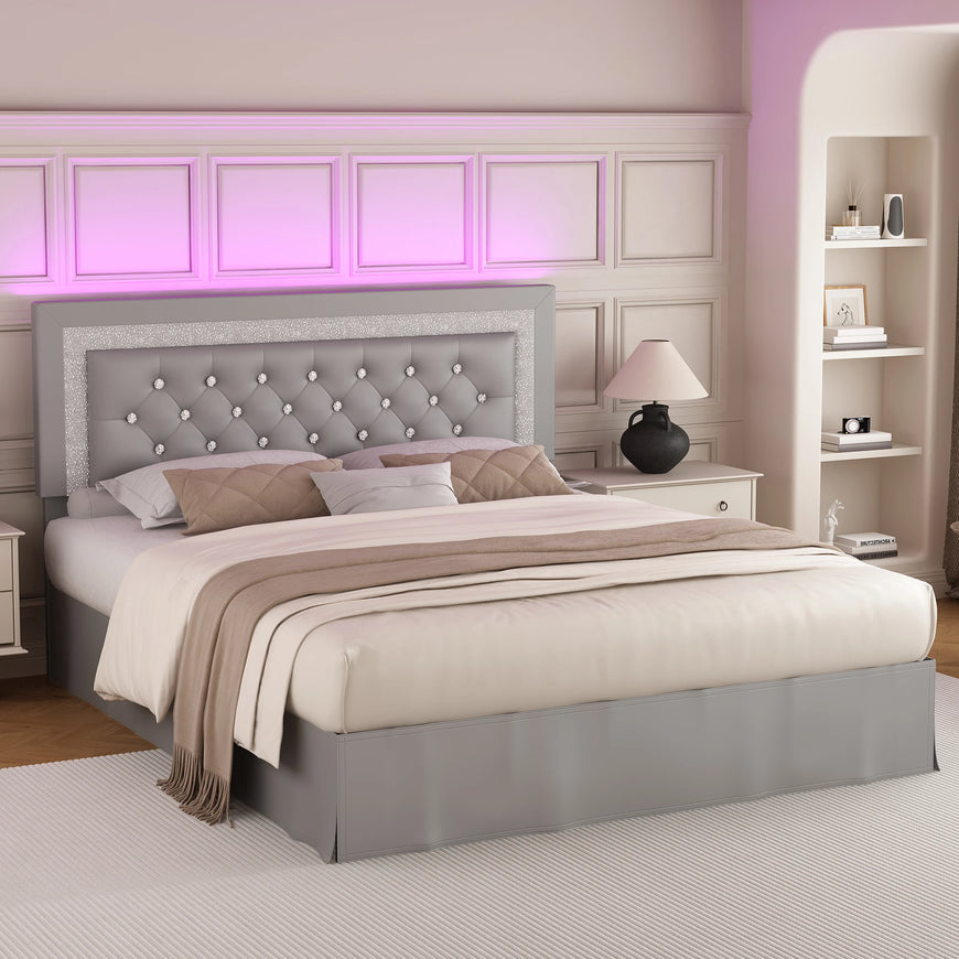 SIBEDS Queen Bed Frame with LED Lights, Adjustable Headboard, Tufted Linen Upholstery, Skirt, Wood Slats, Easy