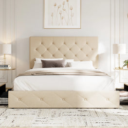 HOOMIC Platform Storage Bed Frame with 4 Drawers & Adjustable Headboard, Diamond Stitched Button Tufted Allewie
