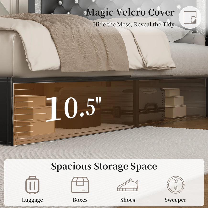 SIBEDS Queen Bed Frame with LED Lights, Adjustable Headboard, Tufted Linen Upholstery, Skirt, Wood Slats, Easy