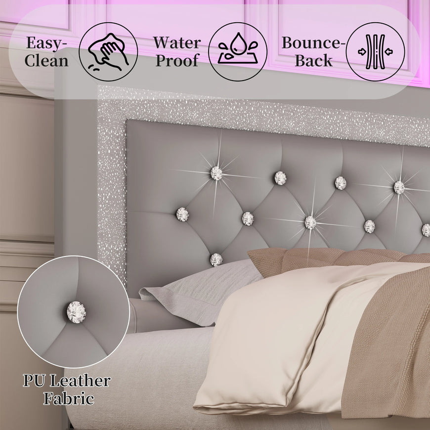 SIBEDS Queen Bed Frame with LED Lights, Adjustable Headboard, Tufted Linen Upholstery, Skirt, Wood Slats, Easy