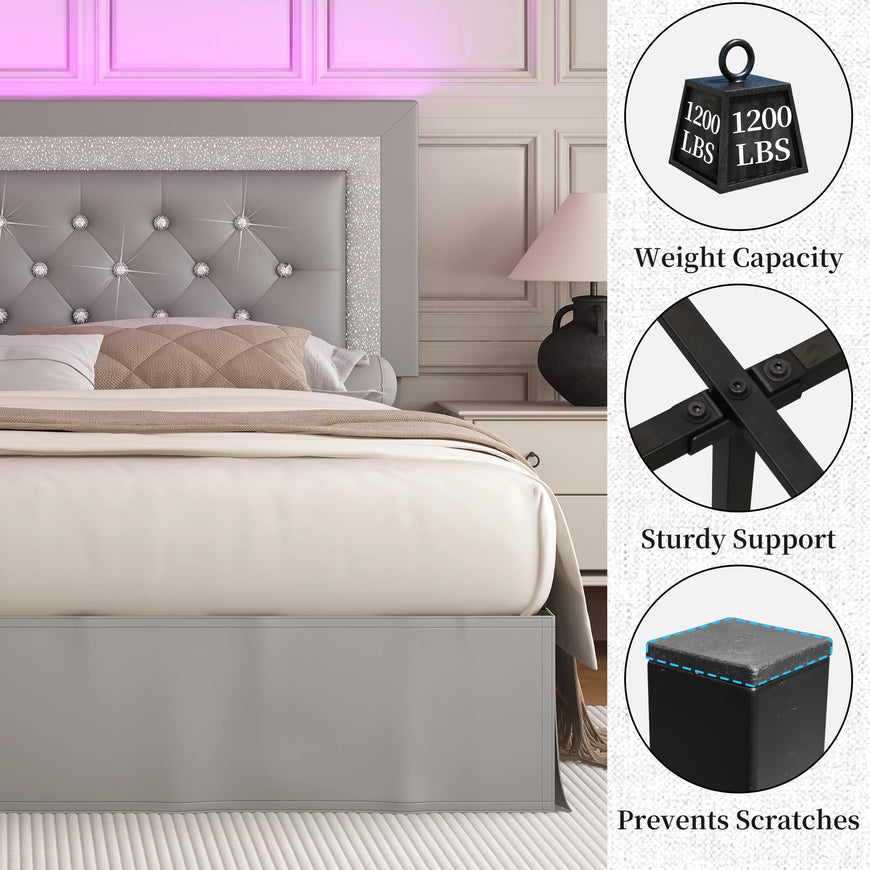 SIBEDS Queen Bed Frame with LED Lights, Adjustable Headboard, Tufted Linen Upholstery, Skirt, Wood Slats, Easy