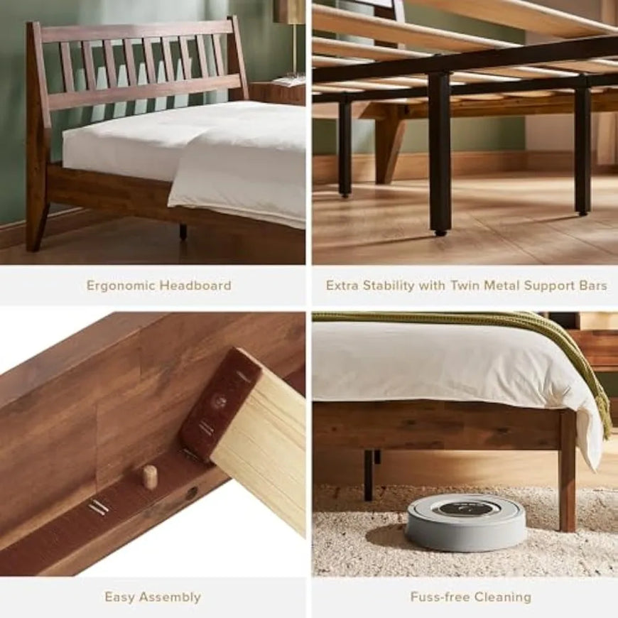Ted Bed Frame with Headboard, Mid Century Modern Acacia Solid Wood Platform Bed Frame, Wooden Slats, No Box Spring
