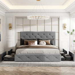 HOOMIC Platform Storage Bed Frame with 4 Drawers & Adjustable Headboard, Diamond Stitched Button Tufted Allewie