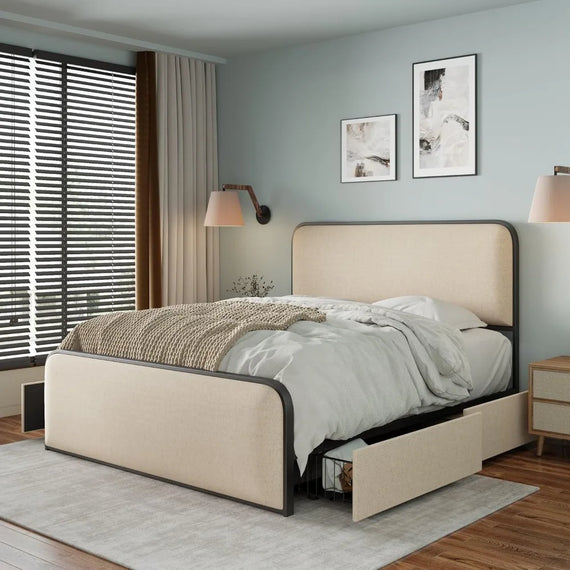 King Size Linen Curved Upholstered Headboard Footboard Bed, Metal Platform Bed Frame with 4 Storage Drawers