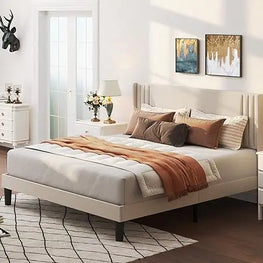 Gizoon Queen Bed Frame with Wingback Headboard, Upholstered Platform Bed, Wooden Slats, Noise-Free, No Box Spring Needed