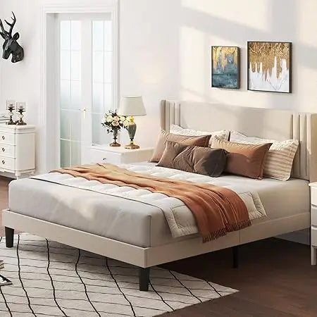 Gizoon Queen Bed Frame with Wingback Headboard, Upholstered Platform Bed, Wooden Slats, Noise-Free, No Box Spring Needed