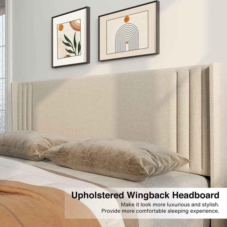 Gizoon Queen Bed Frame with Wingback Headboard, Upholstered Platform Bed, Wooden Slats, Noise-Free, No Box Spring Needed