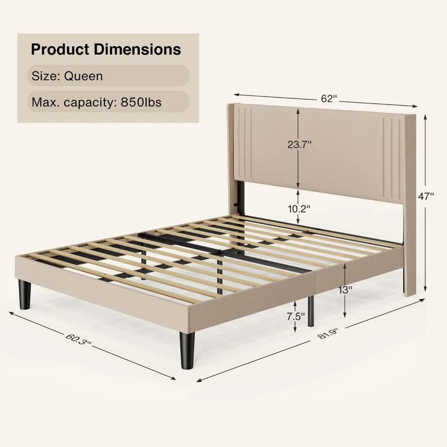 Gizoon Queen Bed Frame with Wingback Headboard, Upholstered Platform Bed, Wooden Slats, Noise-Free, No Box Spring Needed