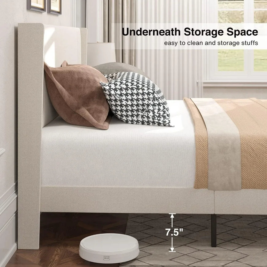 Gizoon Queen Bed Frame with Wingback Headboard, Upholstered Platform Bed, Wooden Slats, Noise-Free, No Box Spring Needed